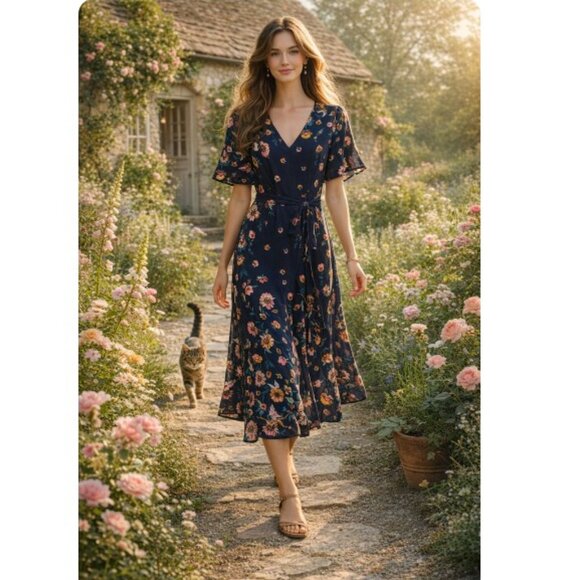 Boden Navy Floral Emilie Midi Dress - Picture 3 of 9